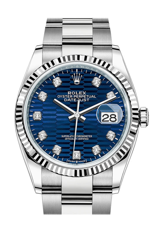 Rlx Datejust 36 Bright Blue Fluted Motif Diamond Dial Fluted Watch 126234