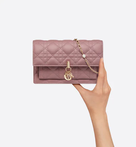 LADY D CHAIN POUCH Peony Pink Cannage Lambskin