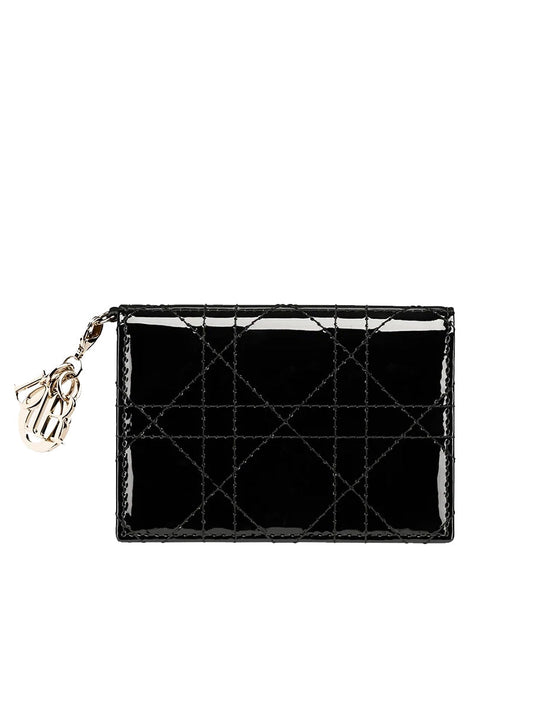 D Lady D Flap Card Holder in Black Patent Cannage Lambskin