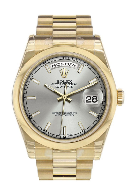 RLX Day-Date 36 Silver Dial President Yellow Gold Watch 118208