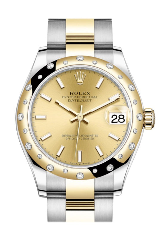 Rlx Datejust 31 Champagne Dial Diamond Bezel Yellow Gold Two Tone Watch 278343RBR 278343 NP