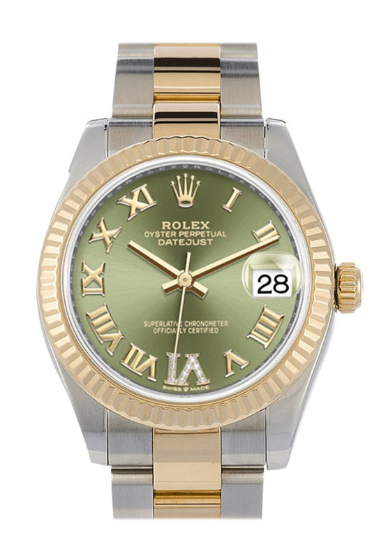 Rlx Datejust 31 Olive Green Large VI set with Diamonds Dial Fluted Bezel 18K Yellow Gold Two Tone Watch 278273 NP
