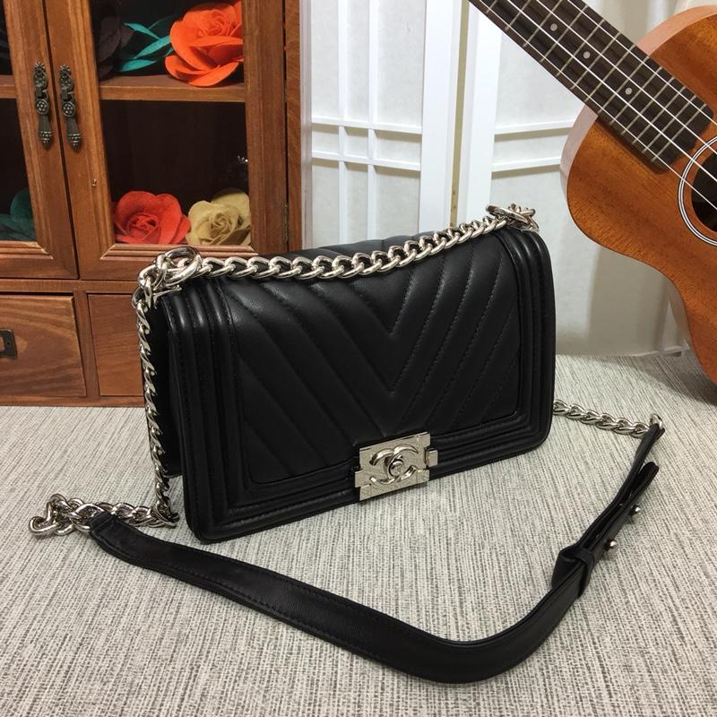 CC 25cm Boy Handbag Calfskin Silver Tone Metal Black