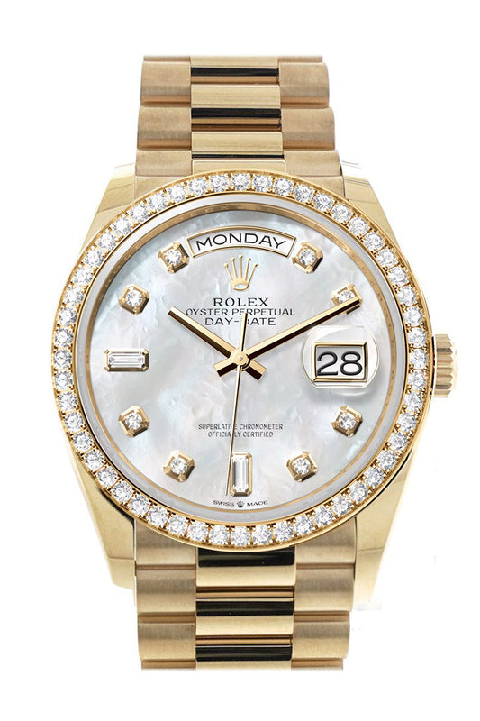 RLX Day-Date 36 Mother of Pearl  Dial Gold Diamond Bezel Watch 128348RBR-0017 128348RBR