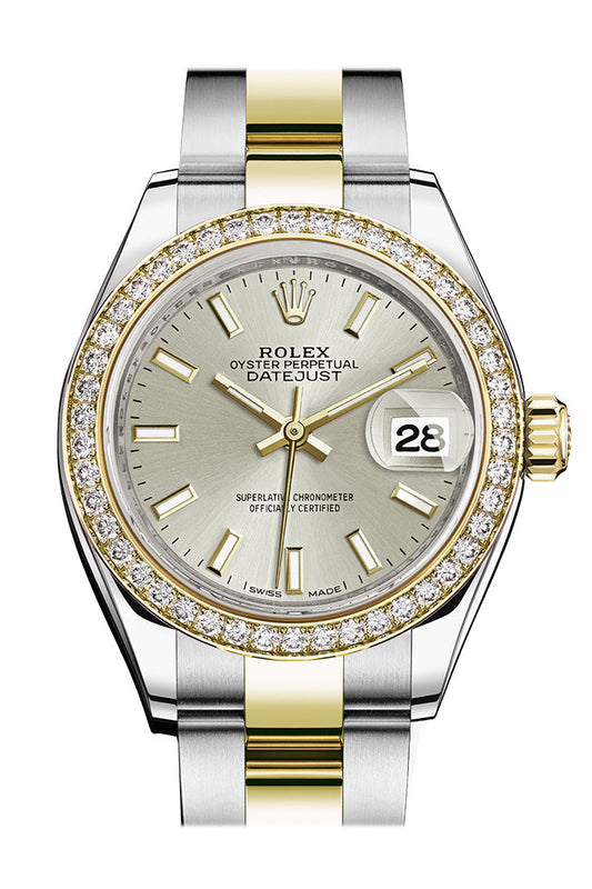 Rlx Datejust 28 Silver Dial Diamond Bezel Yellow Gold Ladies Watch 279383RBR 279383