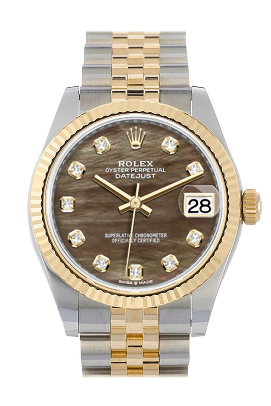 Rlx Datejust 31 Black mother-of-pearl Diamond Dial Fluted Bezel 18K Yellow Gold Two Tone Jubilee Watch 278273 NP