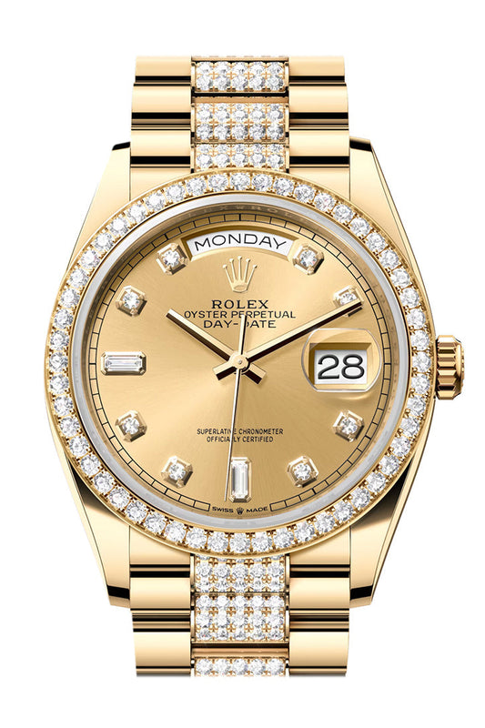 Rlx Day-Date 36 Champagne Diamond Dial Gold Diamond Bezel Watch 128348RBR-0010 128348RBR
