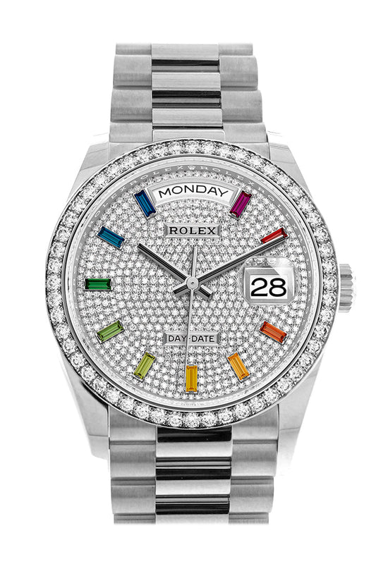 RLX Day-Date 36 Fluted Bezel Diamond Paved Rainbow Sapphire Dial President Bracelet 128349RBR
