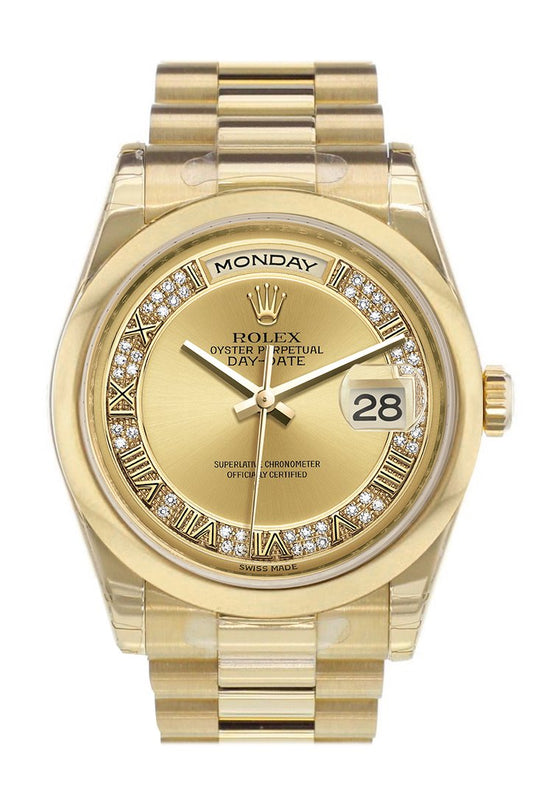 RLX Day-Date 36 Champagne Diamonds Dial Diamonds President Yellow Gold Watch 118208