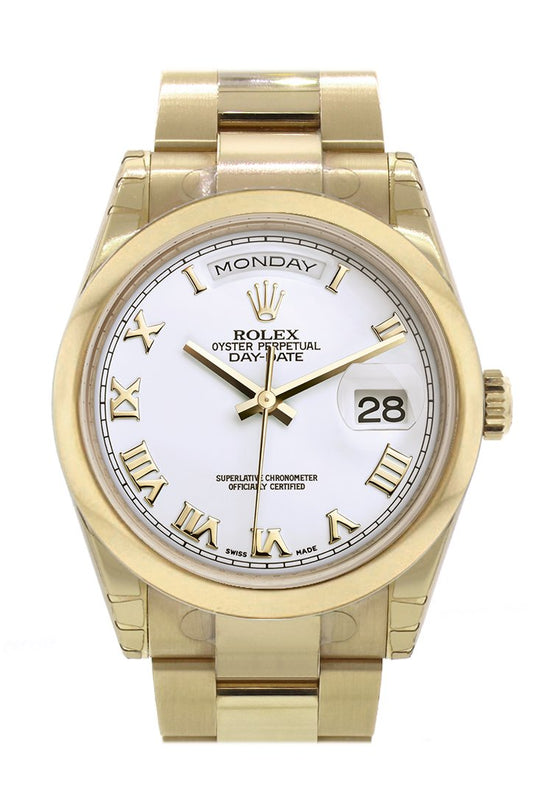 RLX Day-Date 36 White Roman Dial Yellow Gold Watch 118208