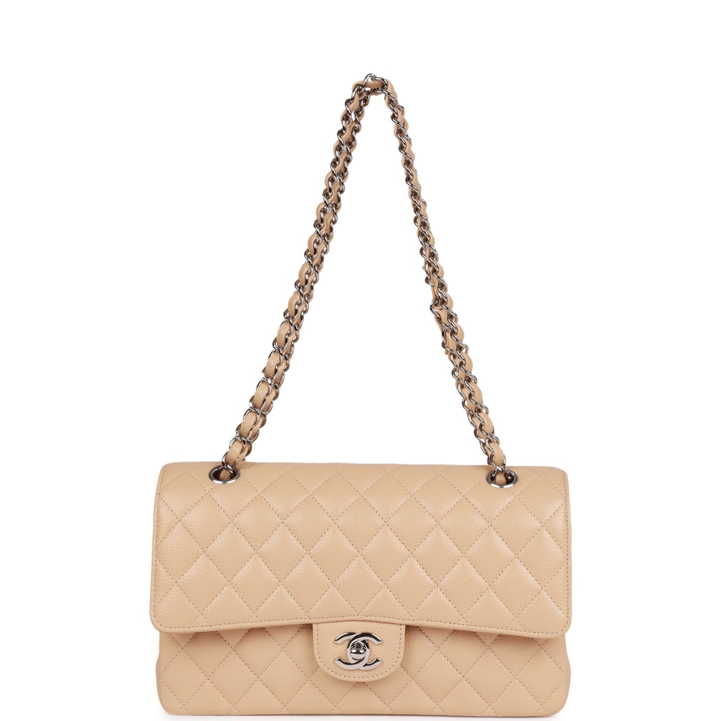 CC Medium Classic Double Flap Bag Beige Caviar Silver Hardware