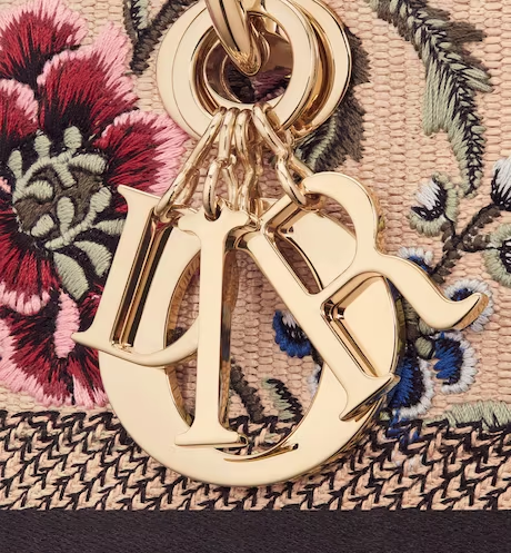 MEDIUM LADY D-LITE BAG Natural Multicolor Raffia Embroidered with D Petites Fleurs