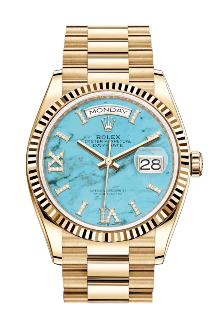 RLX Day-Date 36 Turquoise Dial 18K Yellow Gold Watch 128238