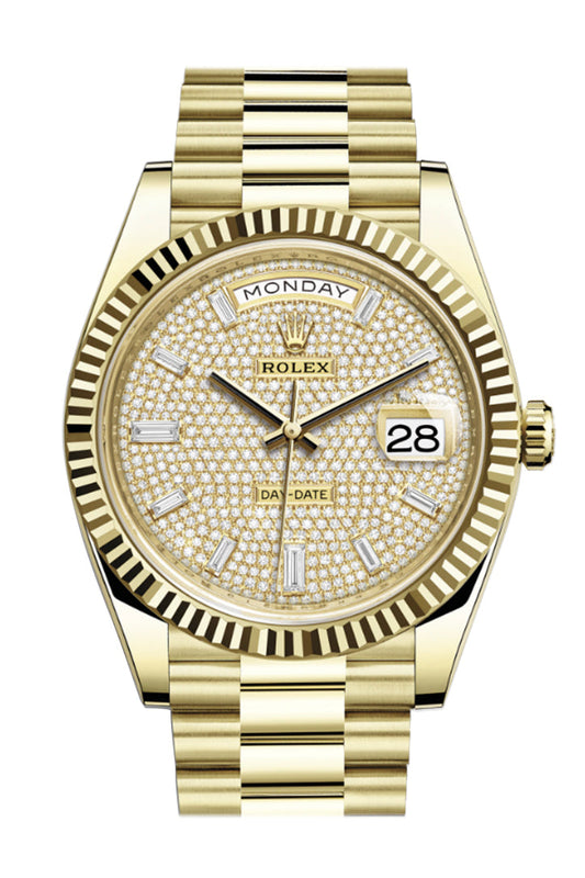 RLX Day-Date 40 Diamond Paved 10 Baguette Diamond Dial 18K Yellow Gold President Men's Watch 228238