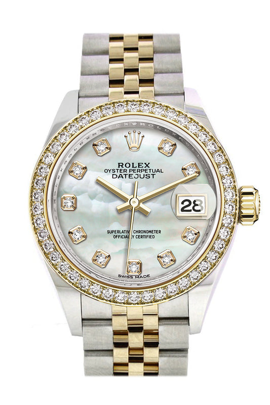 Rlx Datejust 28 White mother-of-pearl set with diamonds Dial Diamond Bezel Yellow Gold Jubilee Ladies Watch 279383RBR 279383