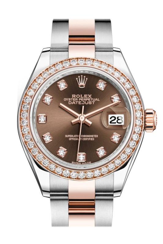 Rlx Datejust 28 Chocolate Diamonds Dial Diamond Bezel Rose Gold Two Tone Watch 279381RBR 279381