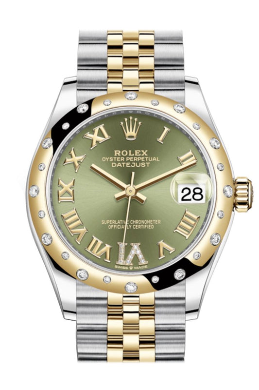 Rlx Datejust 31 Olive green Large VI diamonds Dial Diamond Bezel Jubilee Yellow Gold Two Tone Watch 278343RBR 278343 NP