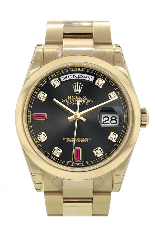 Rlx Day-Date 36 Black set with Diamonds and rubies Dial Yellow Gold Watch 118208