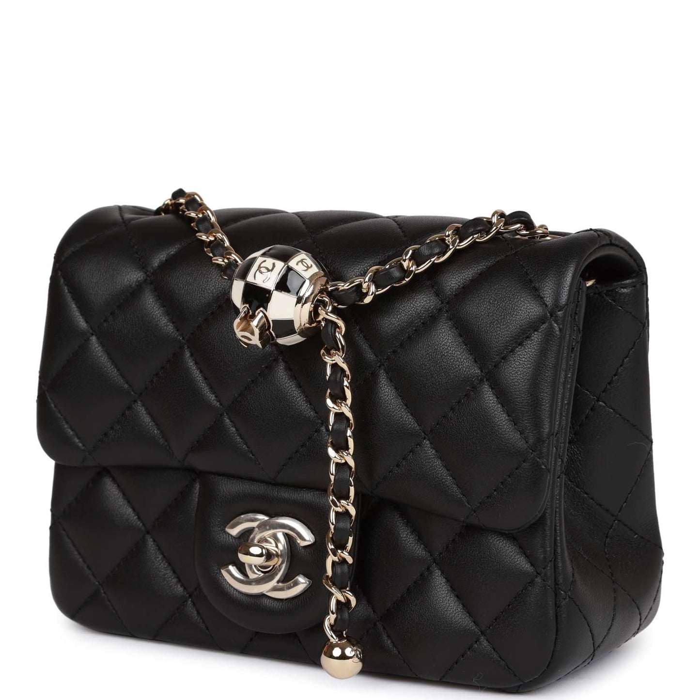 CC Pearl Crush Mini Square Flap Bag Black Lambskin Light Gold Hardware
