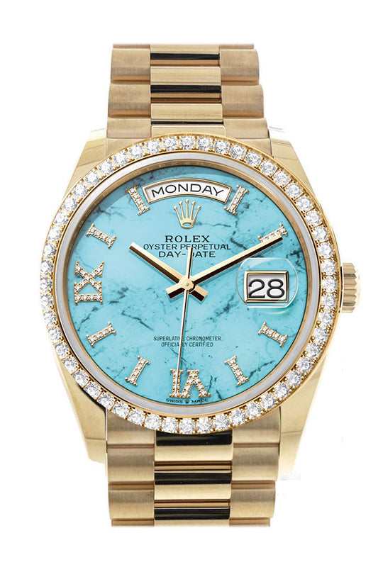 RLX Day-Date 36 Turquoise Dial Gold Diamond Bezel Watch 128348RBR-0037 128348RBR