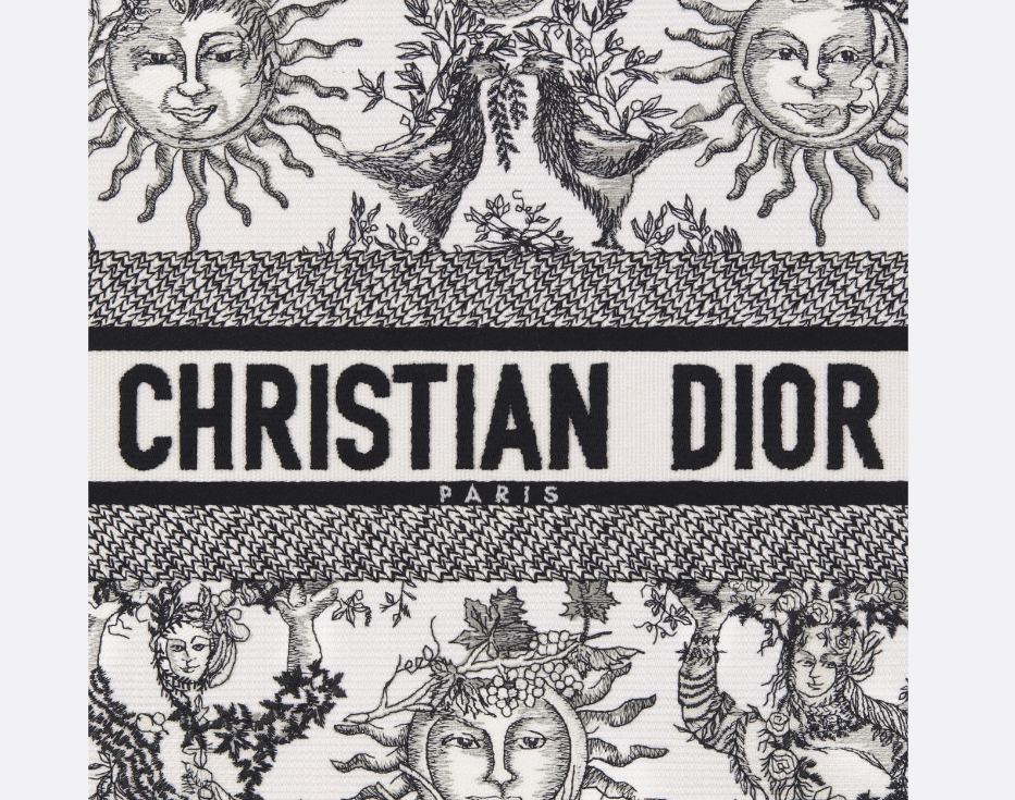 D Book Tote  White and Black Toile de Jouy Soleil Embroidery