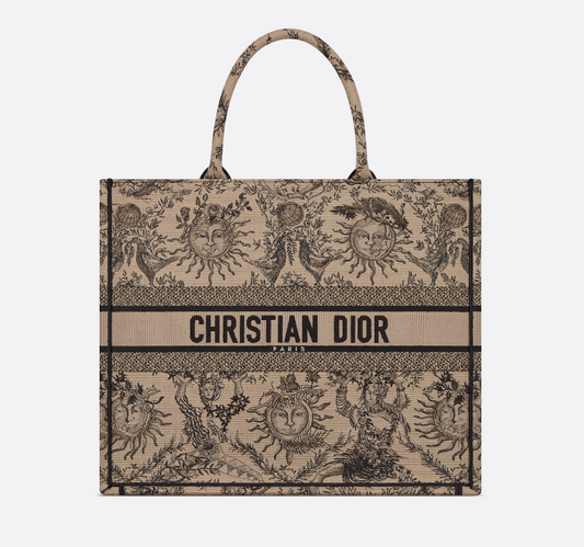 D Book Tote  Beige and Black Toile de Jouy Soleil Embroidery