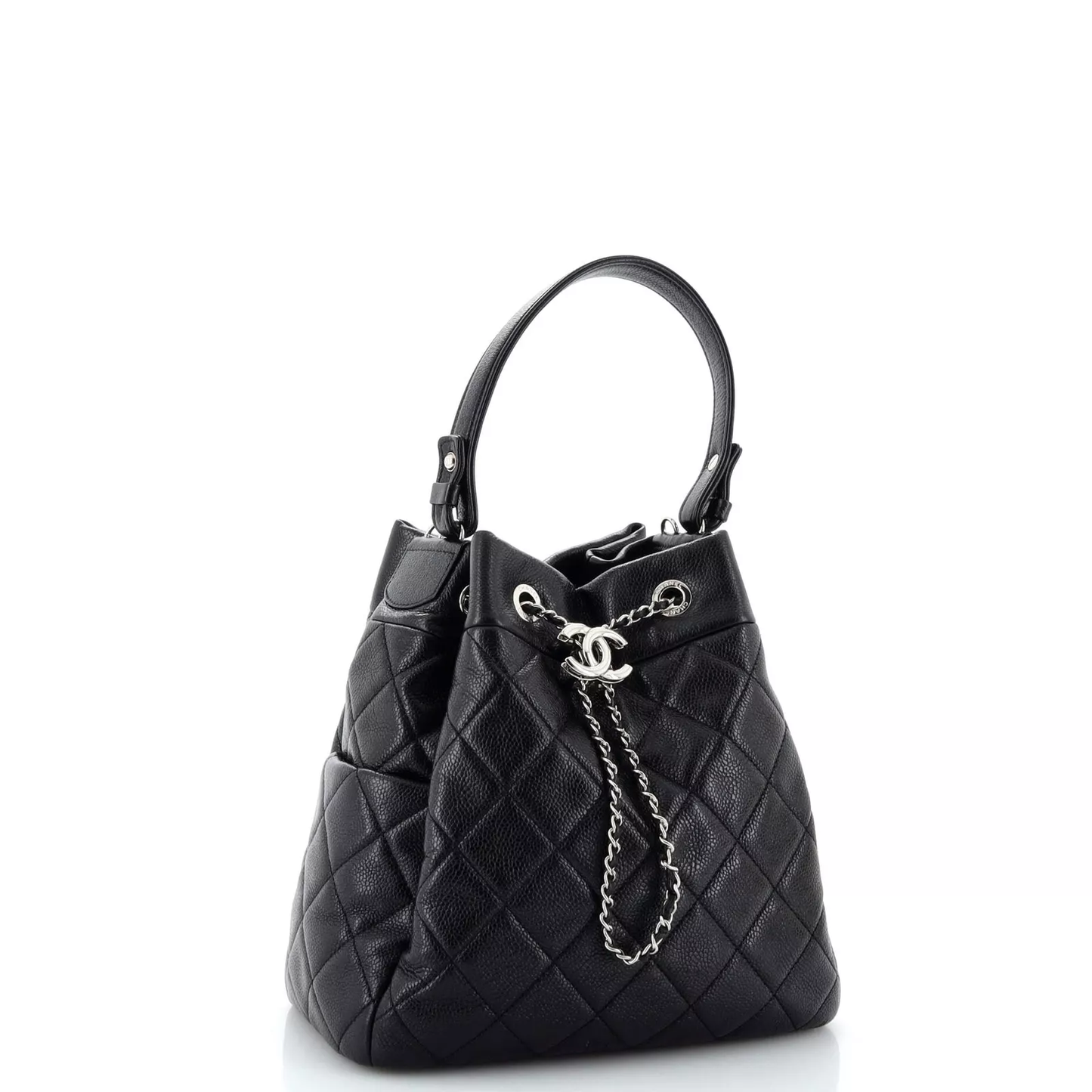 CC Chain Drawstring Bucket Bag Quilted Caviar Small 23*23*13 cm