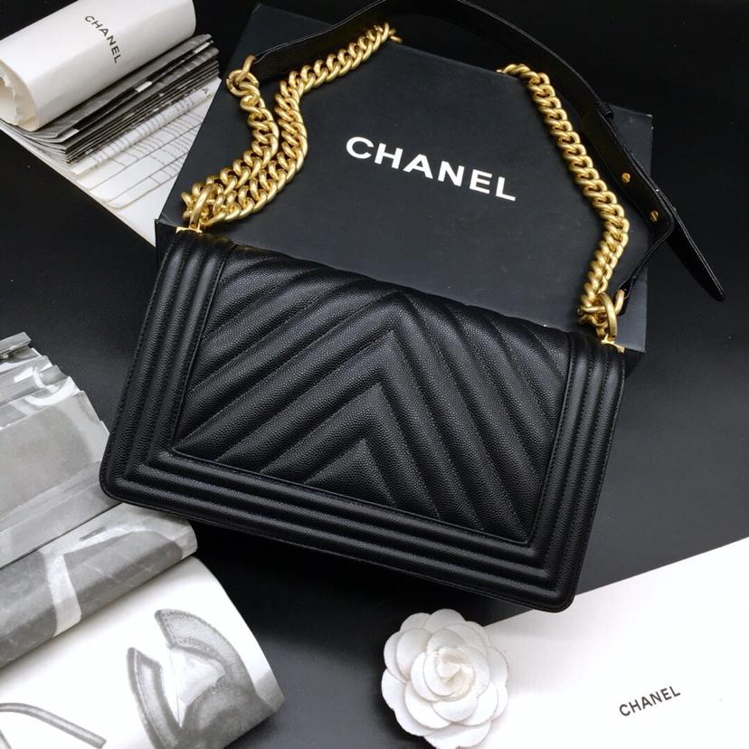 CC 25.5cm Boy Handbag Black Grained Calfskin Gold Tone Metal Caviar leather