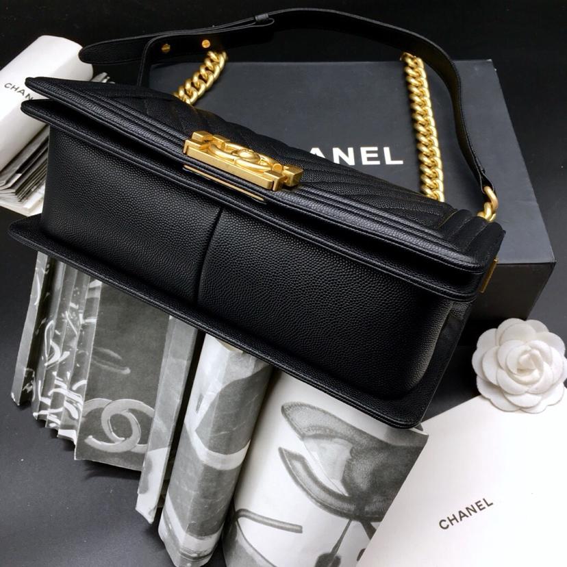 CC 25.5cm Boy Handbag Black Grained Calfskin Gold Tone Metal Caviar leather