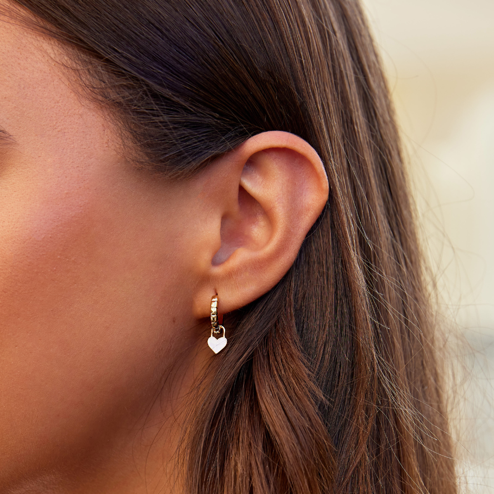 White Opal Heart Hoop Earrings