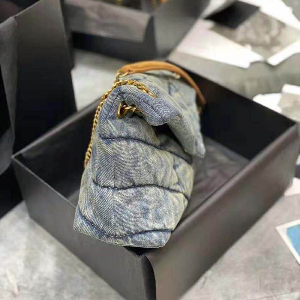 Y Puffer Small Bag in Quilted Vintage Denim and Suede