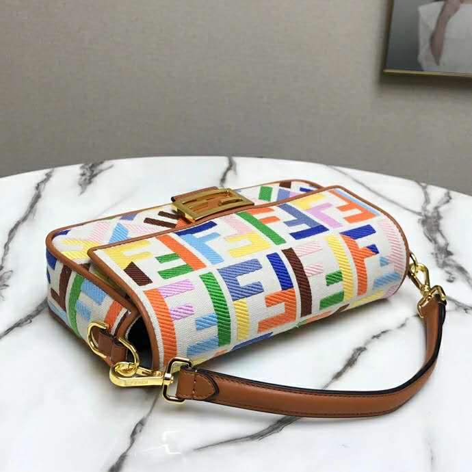 Fd Women Iconic Baguette Medium Size FF Beige Canvas Bag