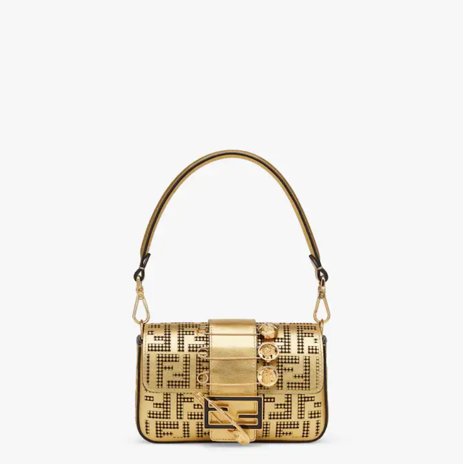 Brooch mini baguette �C Fendace bag in gold perforated leather