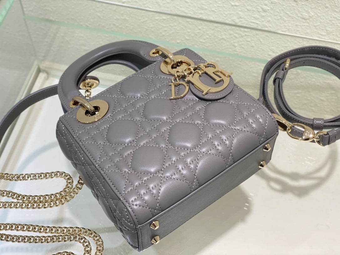 Lady Dior Bag Latte Cannage Lambskin Bag Grey 17x15x7cm