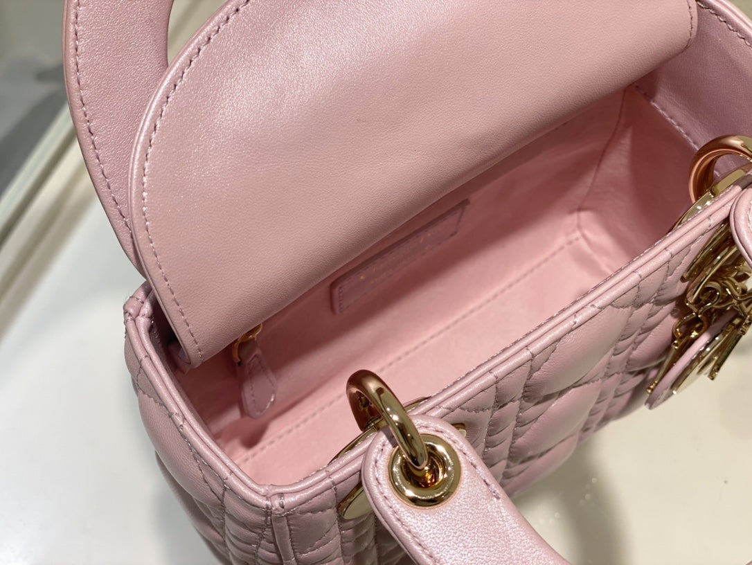 Dior Opaline Pink Lambskin Mini Lady Dior Bag 17x15x7cm