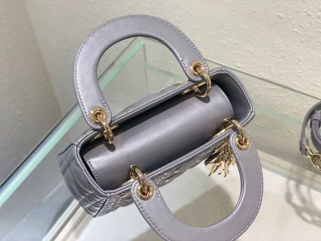 Dior Opaline Grey Lambskin Mini Lady Dior Bag 17x15x7cm
