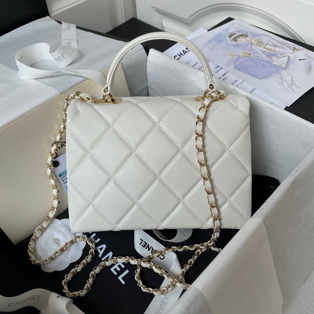 Chanel Small Flap Kelly Bag With Top Handle in Grained Calfskin white AS4711