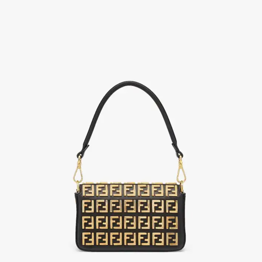 Brooch mini baguette �C Fendace Black leather bag with gold FF motif