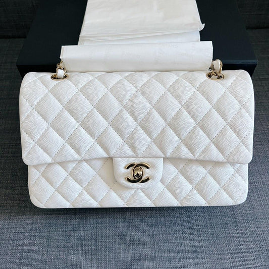 Cc CF 25 white caviar leather silver chain