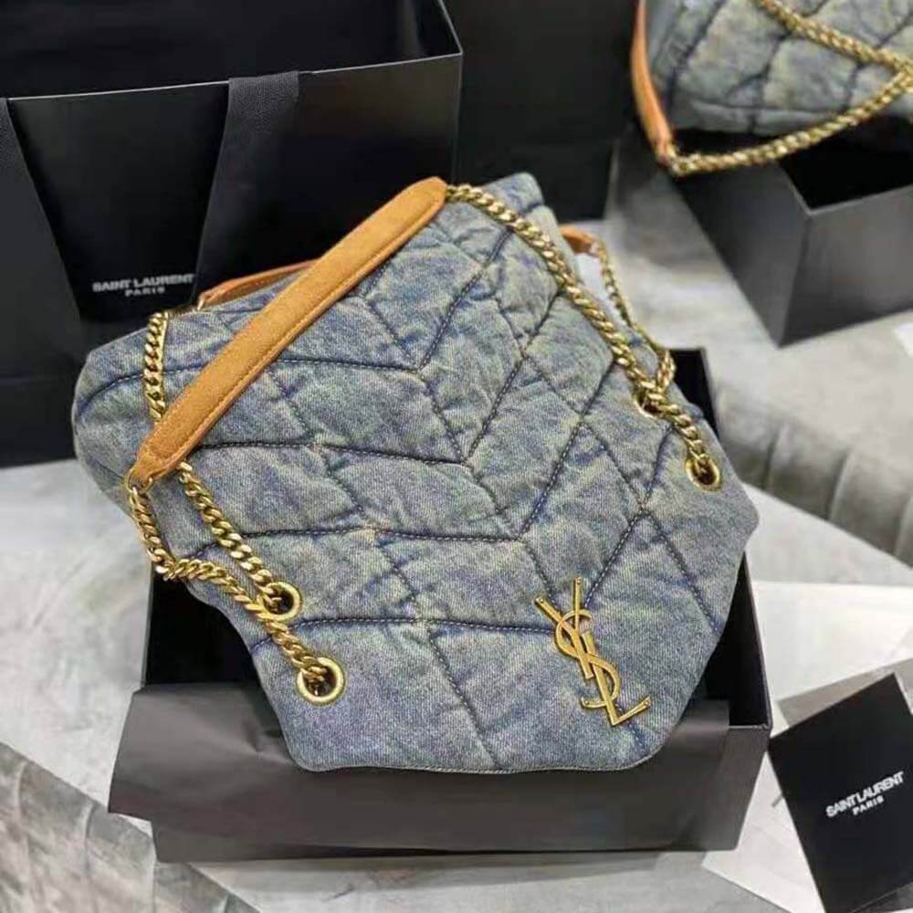 Y Puffer Small Bag in Quilted Vintage Denim and Suede