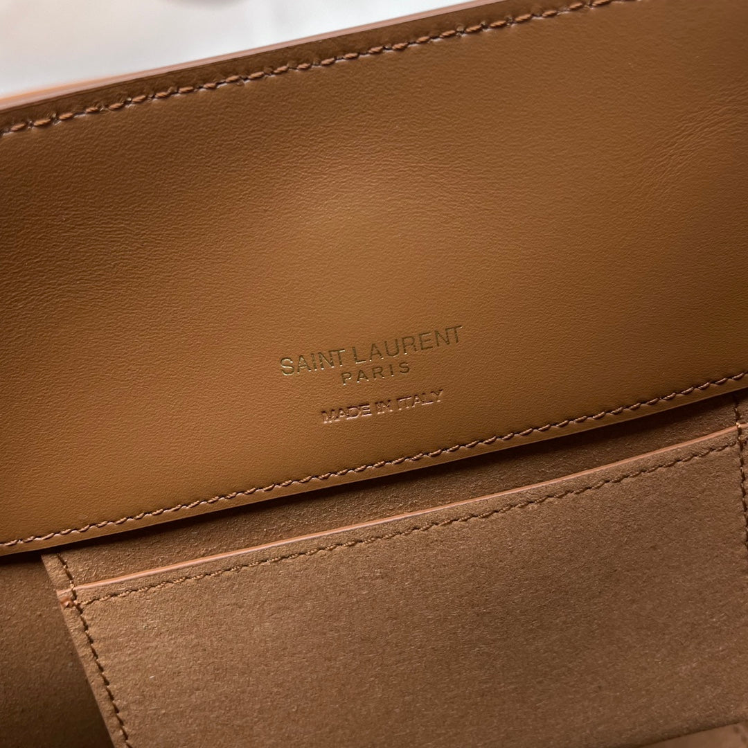 SAINT LAURENT LE 37 Mini Shiny Leather Bucket Bag Brown