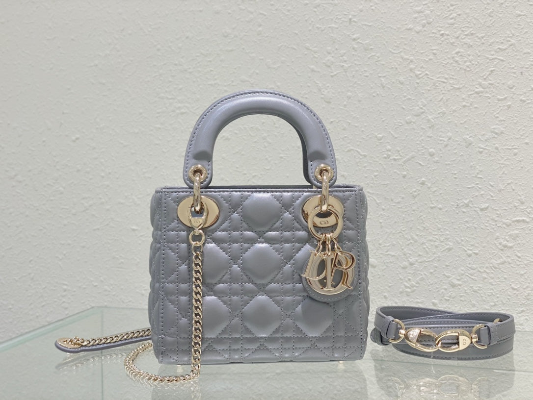 Dior Opaline Grey Lambskin Mini Lady Dior Bag 17x15x7cm