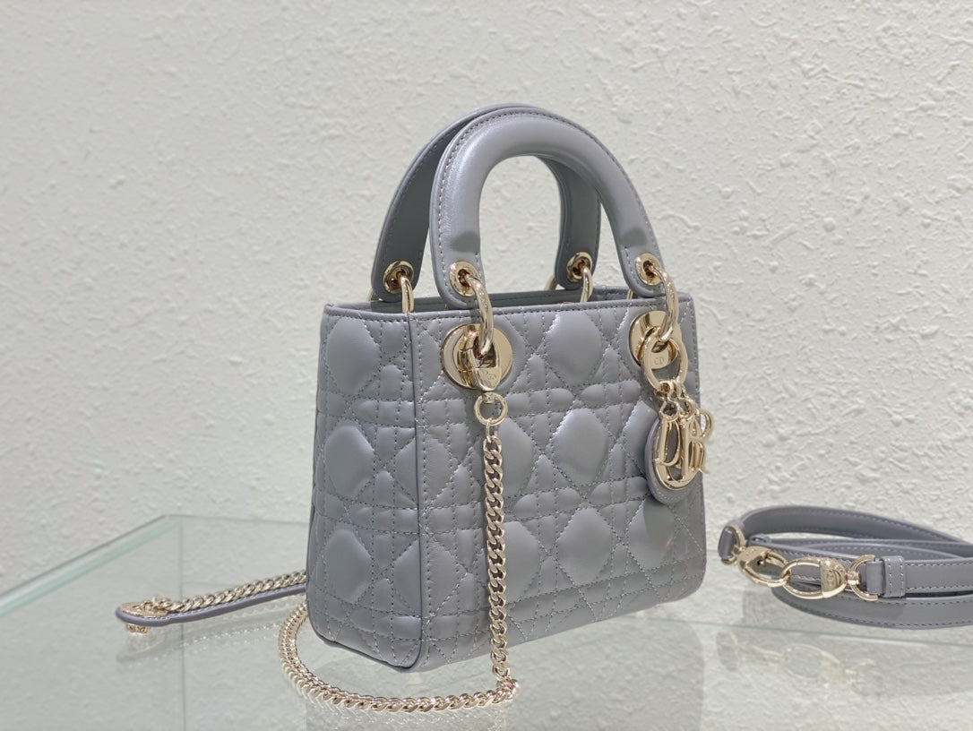 Dior Opaline Grey Lambskin Mini Lady Dior Bag 17x15x7cm