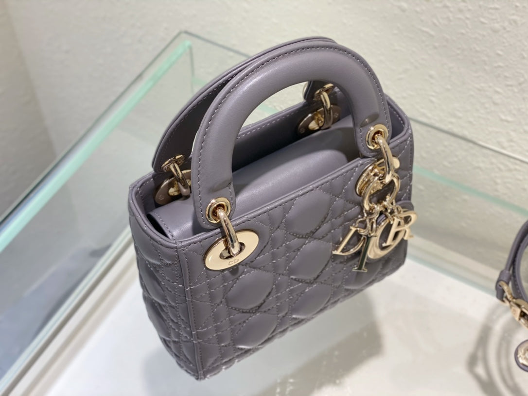 Lady Dior Bag Latte Cannage Lambskin Bag Grey 17x15x7cm