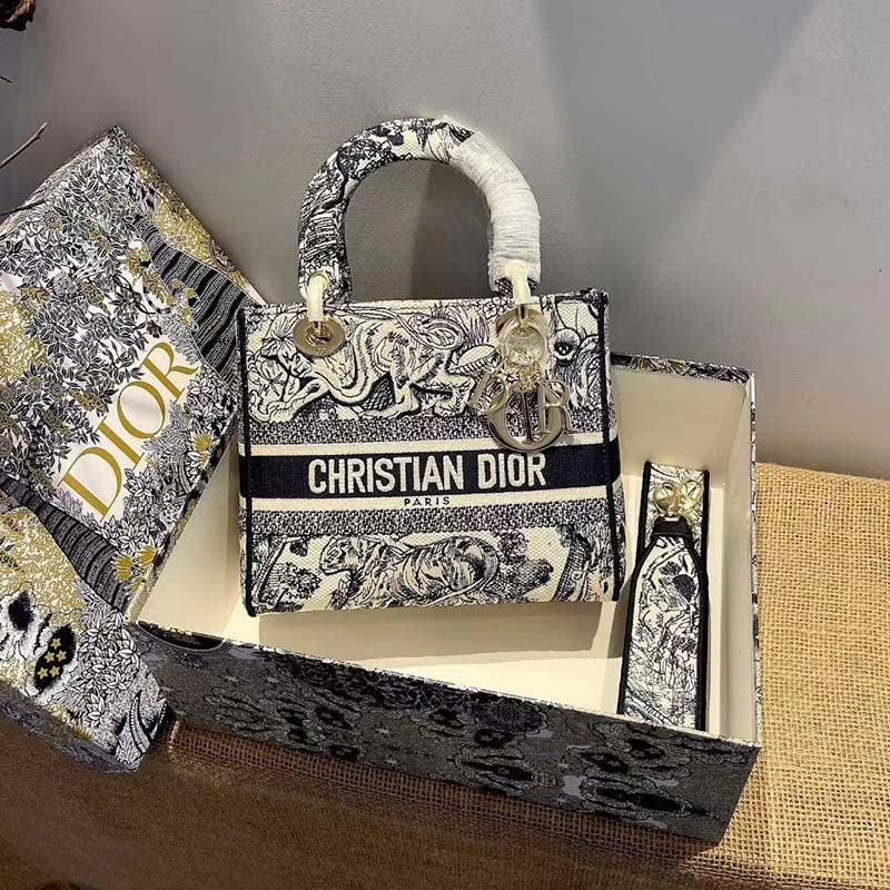 CD Women CD Medium Lady D-Lite Bag Blue Toile De Jouy Embroidery