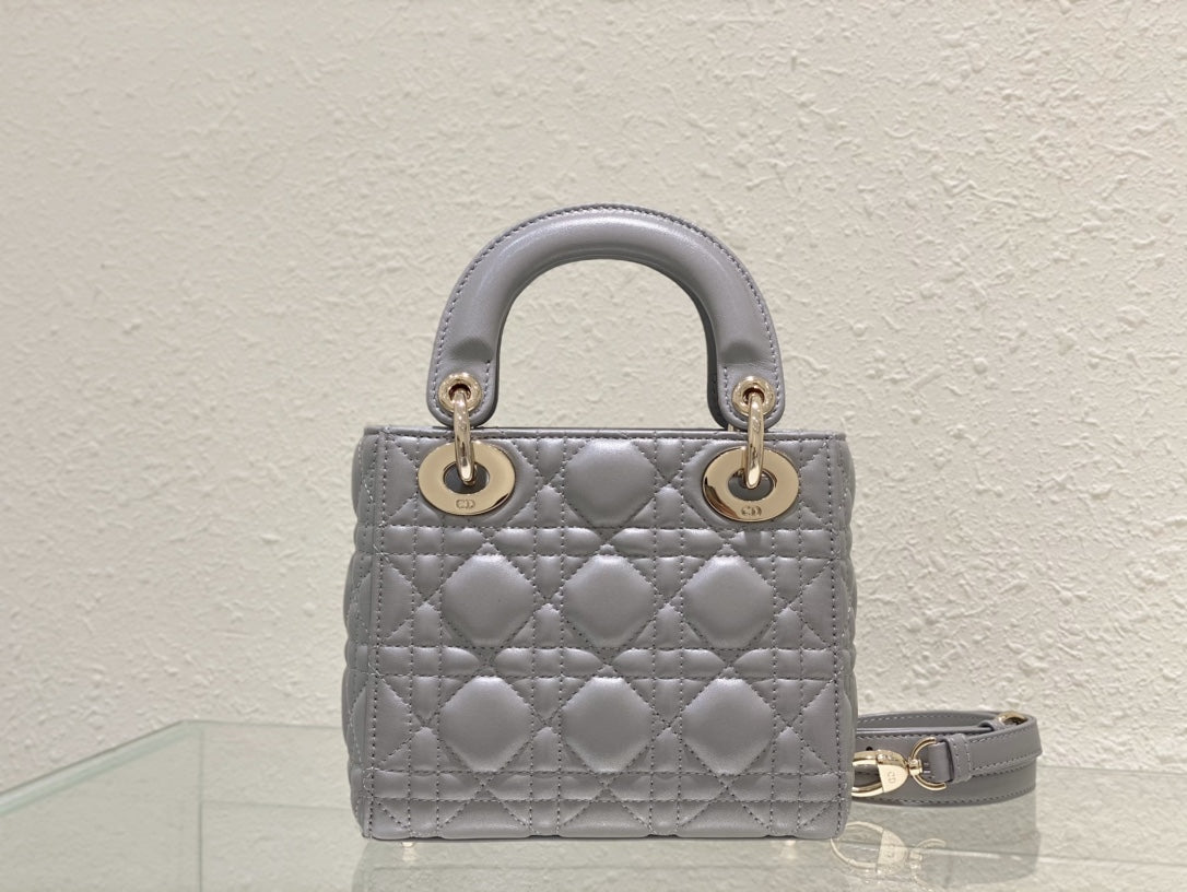 Dior Opaline Grey Lambskin Mini Lady Dior Bag 17x15x7cm