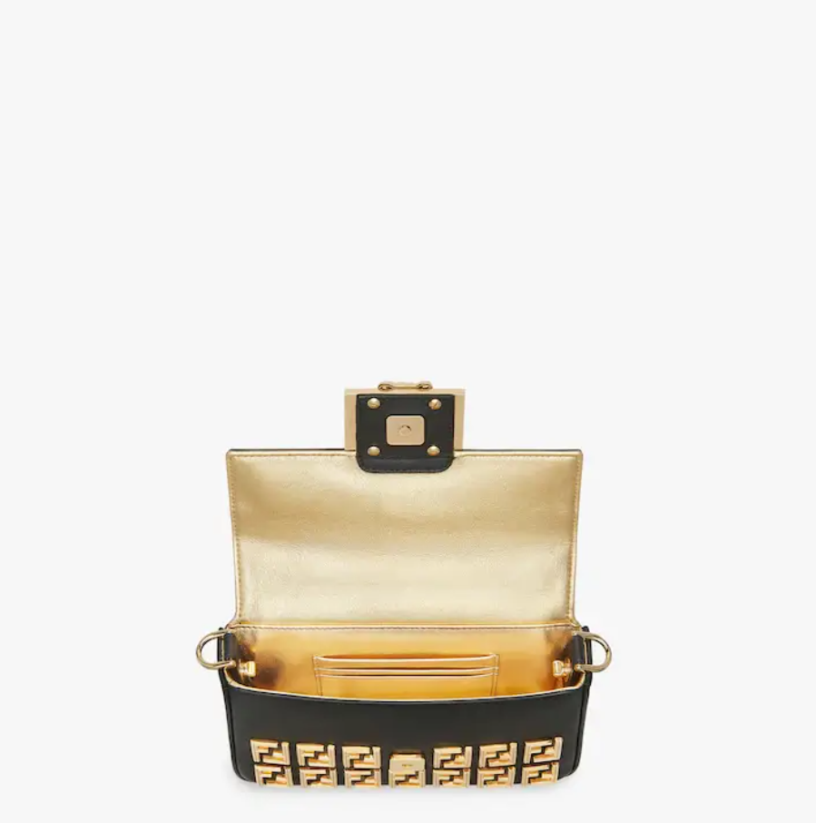 Brooch mini baguette �C Fendace Black leather bag with gold FF motif
