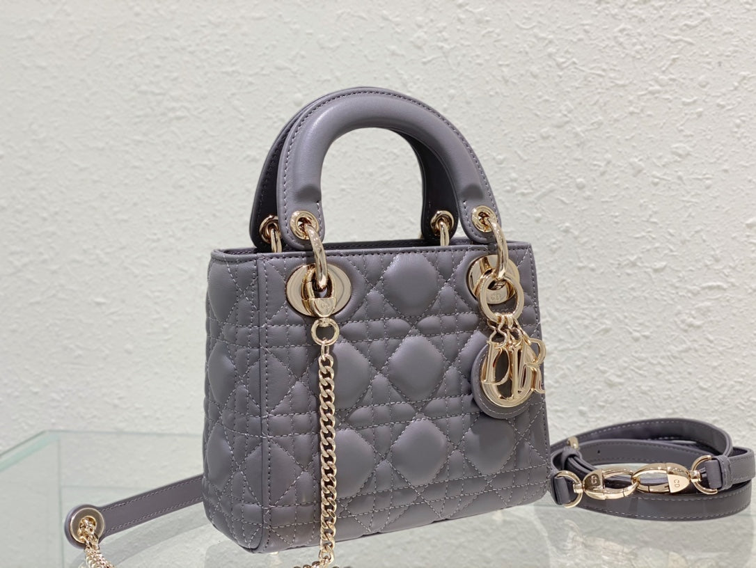 Lady Dior Bag Latte Cannage Lambskin Bag Grey 17x15x7cm