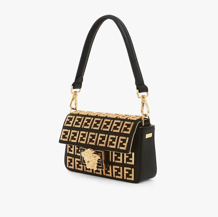 Brooch mini baguette �C Fendace Black leather bag with gold FF motif