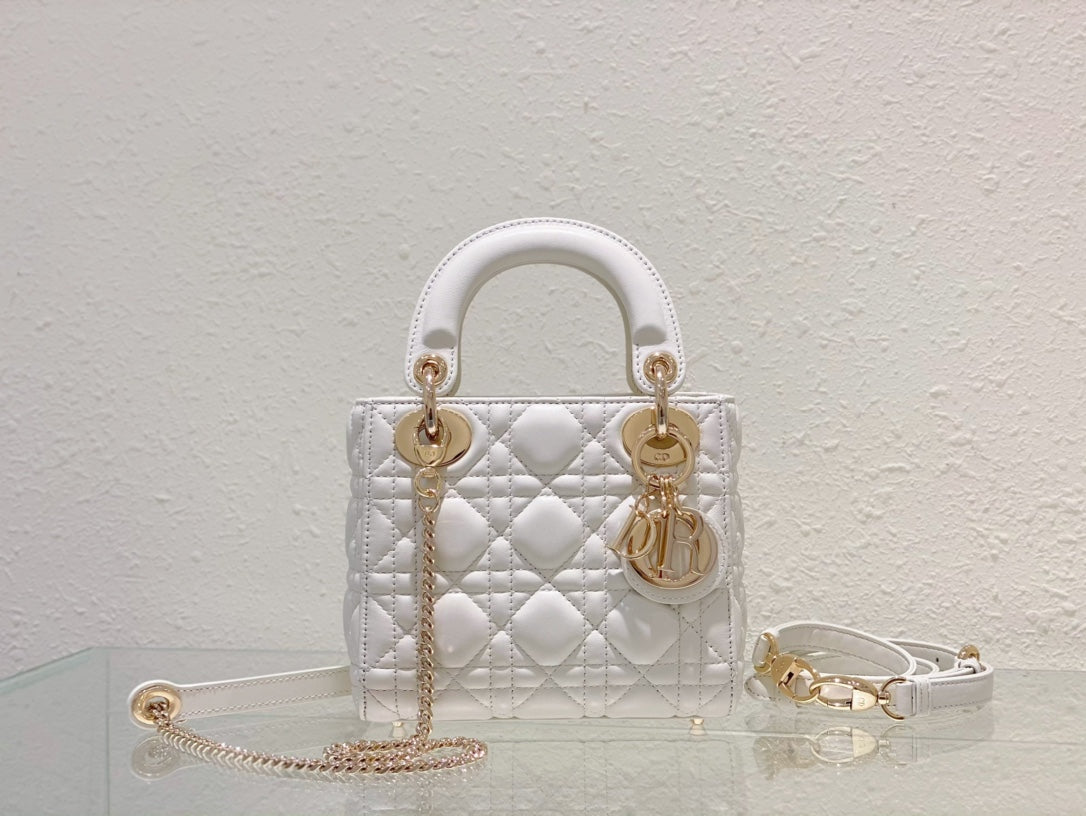 Lady Dior Bag Latte Cannage Lambskin Bag White 17x15x7cm